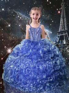 Cute Floor Length Blue Kids Pageant Dress Straps Sleeveless Lace Up