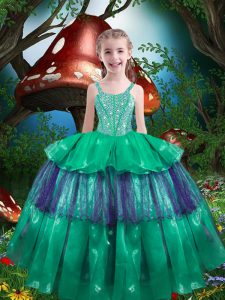 Floor Length Lace Up Kids Pageant Dress Green for Quinceanera and Wedding Party with Beading and Ruffled Layers