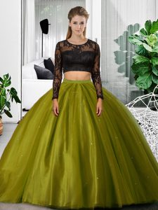 Olive Green Scoop Neckline Lace and Ruching Quinceanera Gowns Long Sleeves Backless