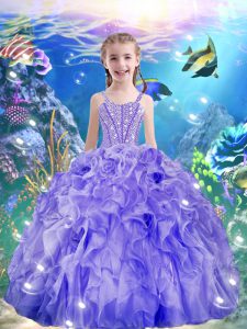 Best Sleeveless Floor Length Beading and Ruffles Lace Up Child Pageant Dress with Purple