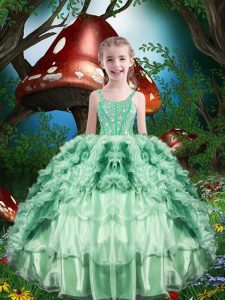 Most Popular Apple Green Straps Neckline Beading and Ruffles and Ruffled Layers Pageant Gowns For Girls Sleeveless Lace Up