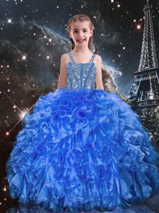 Blue Ball Gowns Straps Sleeveless Organza Floor Length Lace Up Beading and Ruffles Pageant Dress Wholesale
