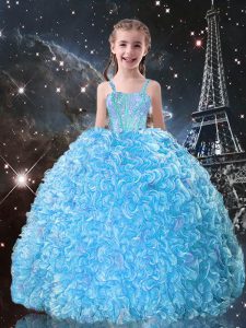 Amazing Aqua Blue Ball Gowns Beading and Ruffles Girls Pageant Dresses Lace Up Organza Sleeveless Floor Length
