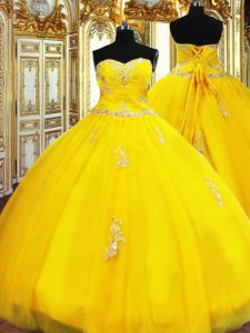 Organza Sweetheart Sleeveless Lace Up Beading and Appliques Quinceanera Dress in Gold