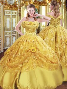 Gold Ball Gowns Beading and Appliques and Hand Made Flower Vestidos de Quinceanera Lace Up Tulle Sleeveless Floor Length