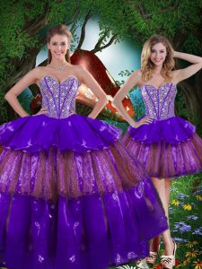 Organza Sweetheart Sleeveless Lace Up Beading and Ruffled Layers and Sequins Ball Gown Prom Dress in Multi-color