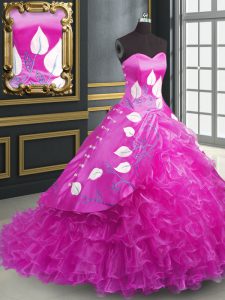 Best Selling Lace Up 15 Quinceanera Dress Fuchsia for Military Ball and Sweet 16 and Quinceanera with Embroidery and Ruffles Brush Train