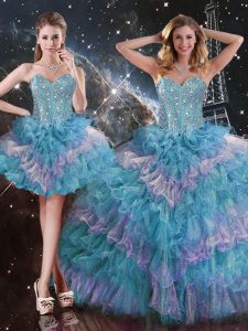 Fabulous Multi-color Lace Up Sweet 16 Dress Beading and Ruffled Layers Sleeveless Floor Length