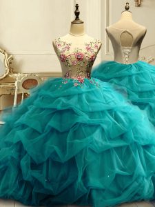 Teal Sleeveless Floor Length Appliques and Ruffles and Sequins Lace Up Ball Gown Prom Dress