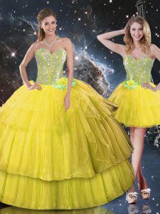 Elegant Gold Organza Lace Up 15th Birthday Dress Sleeveless Floor Length Ruffled Layers and Sequins
