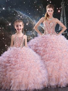 Fine Baby Pink Organza Lace Up Ball Gown Prom Dress Sleeveless Floor Length Beading and Ruffles