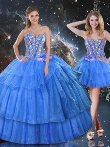 Stunning Baby Blue Sweetheart Lace Up Ruffled Layers and Sequins Quinceanera Gown Sleeveless