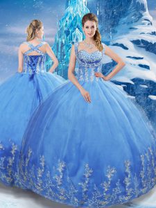 Baby Blue Quinceanera Dresses Military Ball and Sweet 16 and Quinceanera with Beading and Appliques Sweetheart Sleeveless Lace Up