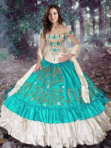 Traditional Floor Length Blue And White Quince Ball Gowns Off The Shoulder Sleeveless Lace Up