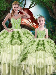High Class Yellow Green Sweet 16 Dresses Military Ball and Sweet 16 and Quinceanera with Beading and Ruffles and Ruffled Layers Sweetheart Sleeveless Lace Up