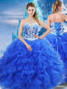 Customized Blue Sleeveless Organza Lace Up Ball Gown Prom Dress for Military Ball and Sweet 16 and Quinceanera