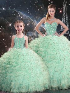 Free and Easy Apple Green Organza Lace Up 15th Birthday Dress Sleeveless Floor Length Beading and Ruffles
