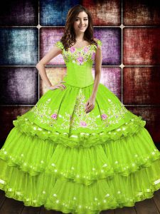 Floor Length Lace Up Quince Ball Gowns Yellow Green for Military Ball and Sweet 16 and Quinceanera with Embroidery and Ruffled Layers