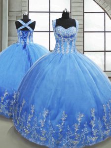Flare Baby Blue Tulle Lace Up 15 Quinceanera Dress Sleeveless Floor Length Beading and Appliques