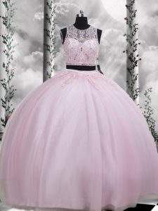 Enchanting Beading and Appliques 15th Birthday Dress Baby Pink Zipper Sleeveless Floor Length