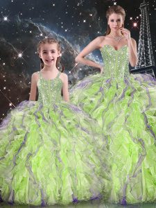 Sleeveless Floor Length Beading and Ruffles Lace Up Quinceanera Gown with Yellow Green