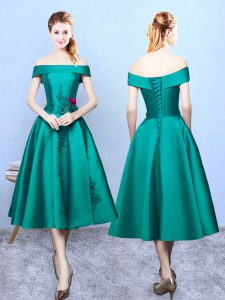 High Quality Dark Green Off The Shoulder Neckline Appliques Dama Dress Sleeveless Lace Up