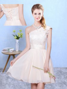 Chiffon One Shoulder Cap Sleeves Lace Up Appliques Quinceanera Court of Honor Dress in Champagne