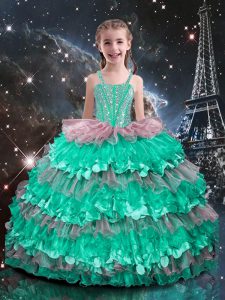Discount Turquoise Ball Gowns Beading and Ruffled Layers Pageant Dress for Teens Lace Up Organza Sleeveless Floor Length