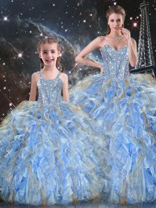 Latest Light Blue Ball Gowns Organza Sweetheart Sleeveless Beading and Ruffles Floor Length Lace Up 15 Quinceanera Dress
