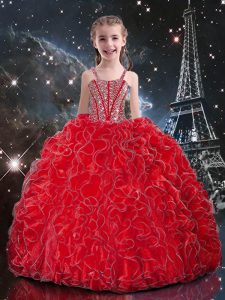Stunning Floor Length Lace Up Little Girls Pageant Dress Coral Red for Quinceanera and Wedding Party with Beading and Ruffles