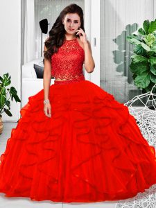 Beautiful Lace and Ruffles Sweet 16 Dress Red Zipper Sleeveless Floor Length