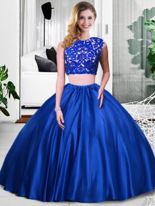Flirting Royal Blue Scoop Zipper Lace and Ruching Quinceanera Gown Sleeveless