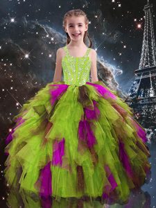Yellow Green Sleeveless Floor Length Beading and Ruffles Lace Up Pageant Dresses