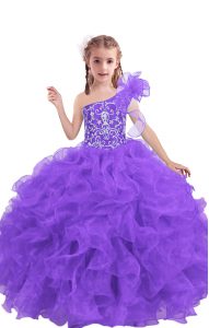 Floor Length Lilac Little Girl Pageant Dress Organza Sleeveless Beading and Ruffles
