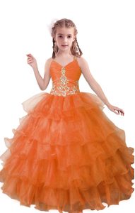 Orange Red Organza Zipper V-neck Sleeveless Floor Length Kids Pageant Dress Beading and Ruffled Layers