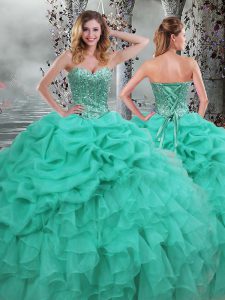 Deluxe Turquoise Ball Gowns Organza Sweetheart Sleeveless Beading and Ruffles Floor Length Lace Up Sweet 16 Dress