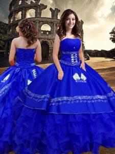 Pretty Embroidery and Ruffled Layers Sweet 16 Dress Royal Blue Zipper Sleeveless Floor Length