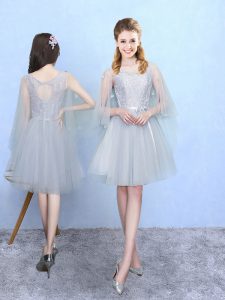 Silver Empire Tulle Square Half Sleeves Lace Knee Length Lace Up Quinceanera Court of Honor Dress