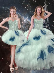 Low Price Blue And White Tulle Lace Up Sweetheart Sleeveless Floor Length Vestidos de Quinceanera Ruffled Layers