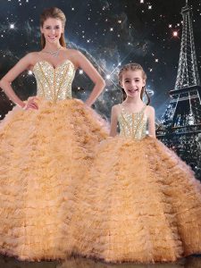 Sleeveless Floor Length Beading and Ruffles Lace Up Quince Ball Gowns with Orange