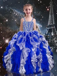 Unique Blue Ball Gowns Beading and Ruffles Girls Pageant Dresses Lace Up Organza Sleeveless Floor Length
