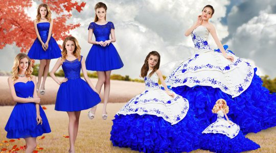 Inexpensive Royal Blue Sleeveless Embroidery and Ruffles Lace Up Ball Gown Prom Dress