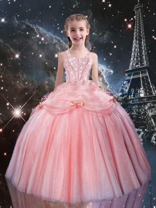 Unique Floor Length Ball Gowns Sleeveless Rose Pink Pageant Gowns For Girls Lace Up