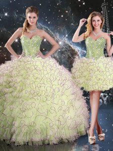 Customized Yellow Green Organza Lace Up 15 Quinceanera Dress Sleeveless Floor Length Beading and Ruffles