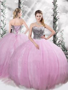 Clearance Lilac Tulle Lace Up Sweetheart Sleeveless Vestidos de Quinceanera Brush Train Beading