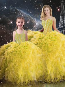 Lovely Sleeveless Floor Length Beading and Ruffles Lace Up Sweet 16 Dress with Yellow