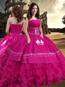 Hot Pink Ball Gowns Strapless Sleeveless Taffeta Floor Length Zipper Embroidery and Ruffled Layers Quince Ball Gowns
