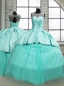 Stunning Turquoise Ball Gowns Scoop Sleeveless Tulle Brush Train Lace Up Beading Quinceanera Gowns