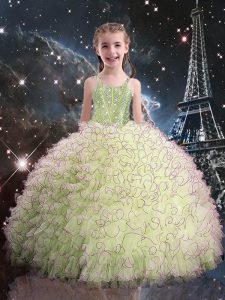Adorable Olive Green Straps Lace Up Beading and Ruffles Little Girl Pageant Gowns Sleeveless