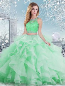 Apple Green Scoop Neckline Beading and Ruffles 15th Birthday Dress Sleeveless Clasp Handle